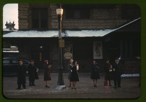 Commuters, who have just come off the train, waiting for the bus to go home, Lowell, Mass.