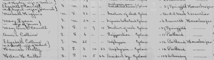 The names of the eight victims of the 1890 Lawrence, Massachusetts cyclone, as recorded in the municipal death records.
