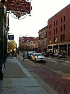 Merrimack Street - Lowell - in Fall 2011. Pollard's was once housed in the brick building at the immediate right of the photograph.  Photo by Author