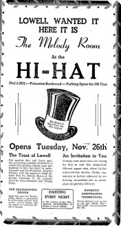 The Hi Hat reopens with its new Melody Room (Credit: Lowell Sun: November 25, 1940)