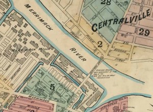 A section of an 1882 atlas showing the vicinity surrounding the Central Bridge, Lowell.  