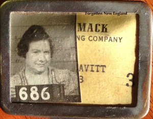 Katie Leavitt's employee badge for the Merrimack Manufacturing Company