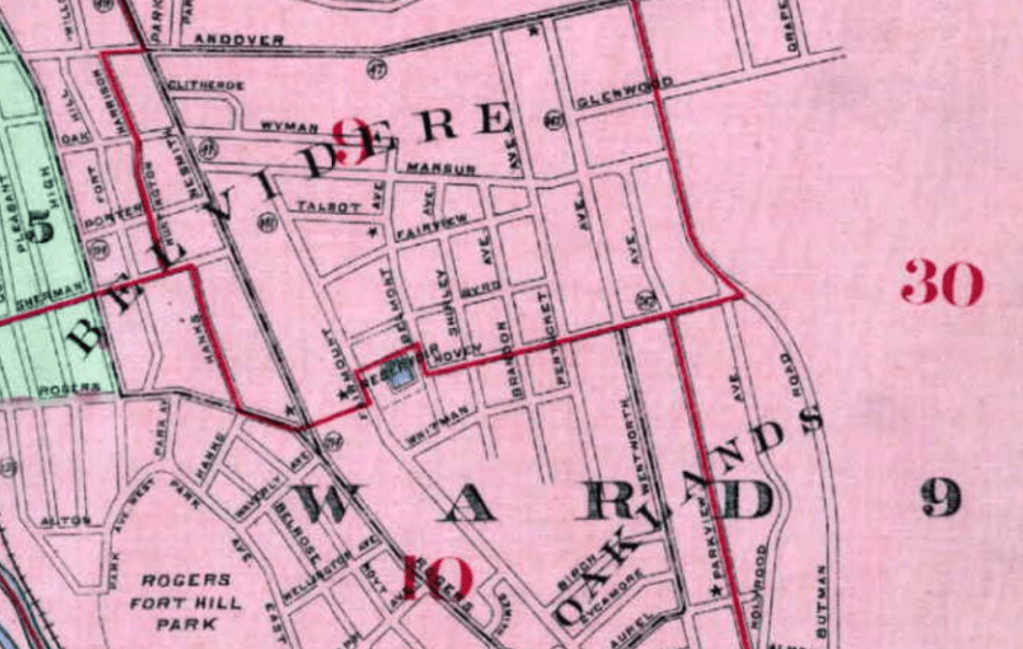 Map of Lowell's Belvidere and Oaklands neighborhoods