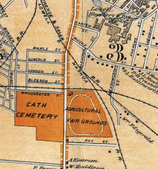 An 1875 map showing the location of Lowell's Fairgrounds, which was also the location of Camp Chase.