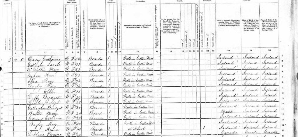 An excerpt from the 1880 census showing residents of the New Block boardinghouse